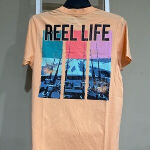 Reel Life Men’s Size Small Tee Shirt. Orange Short Sleeve.  Brand New With Tags